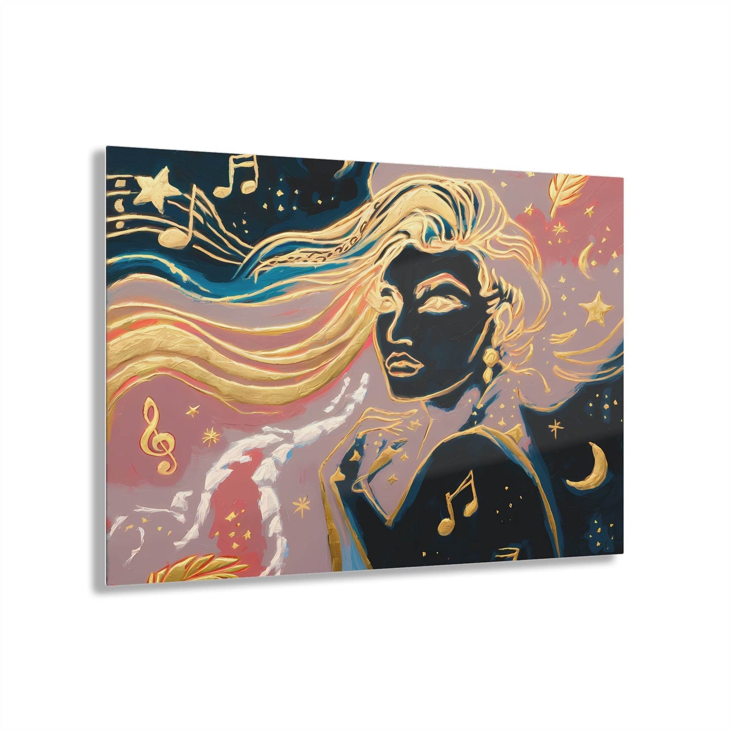 Abstract art of a cosmic woman with gold hair and musical notes, modern wall decor.