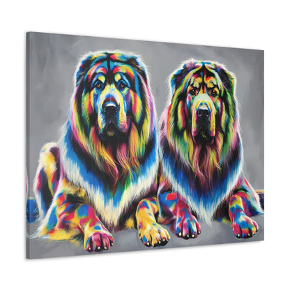 Rainbow Tibetan Mastiffs vibrant canvas wall art in colorful dog portrait.