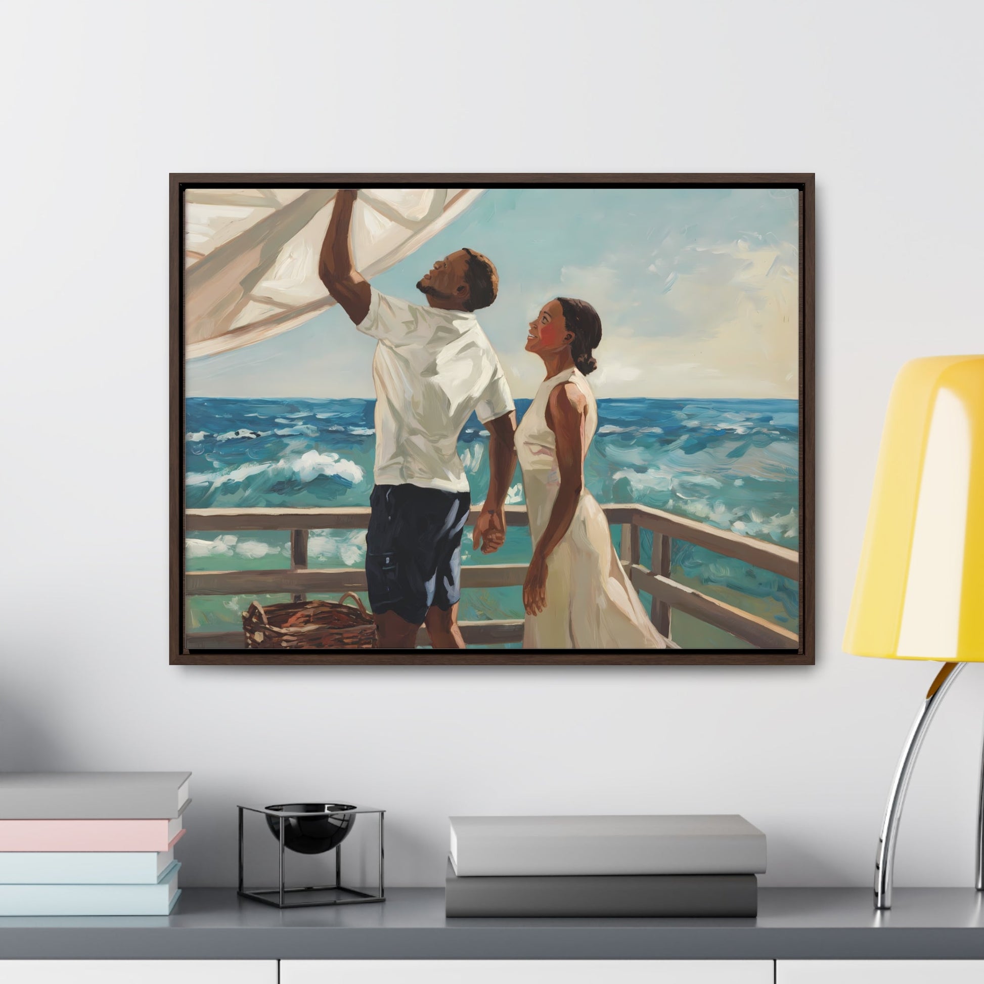 African American Couple Painting, serene coastal canvas wrap, featuring couple on wooden deck with ocean waves, perfect for coastal living decor.