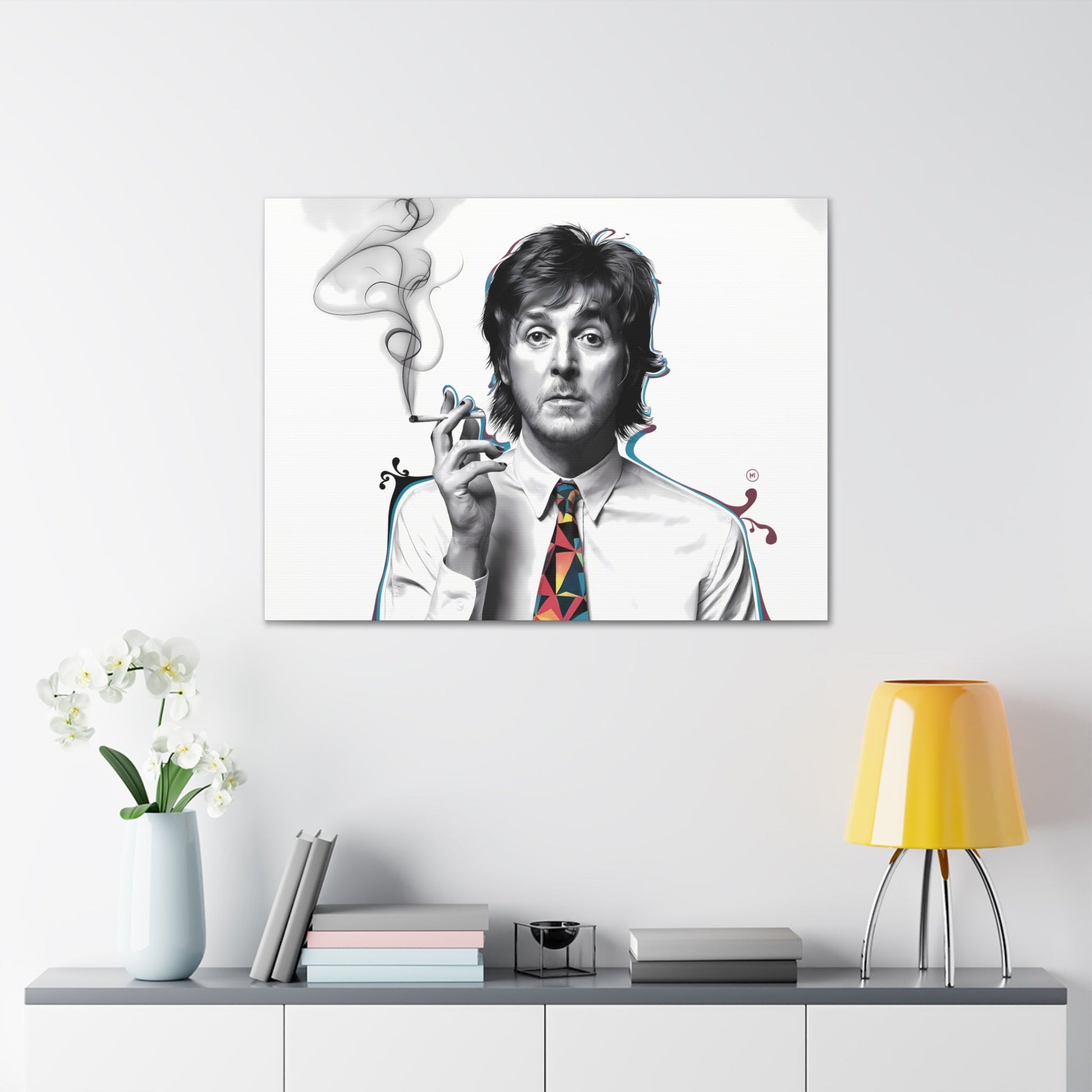 Paul McCartney Art surrealist portrait with cigarette and geometric tie on canvas gallery wrap.