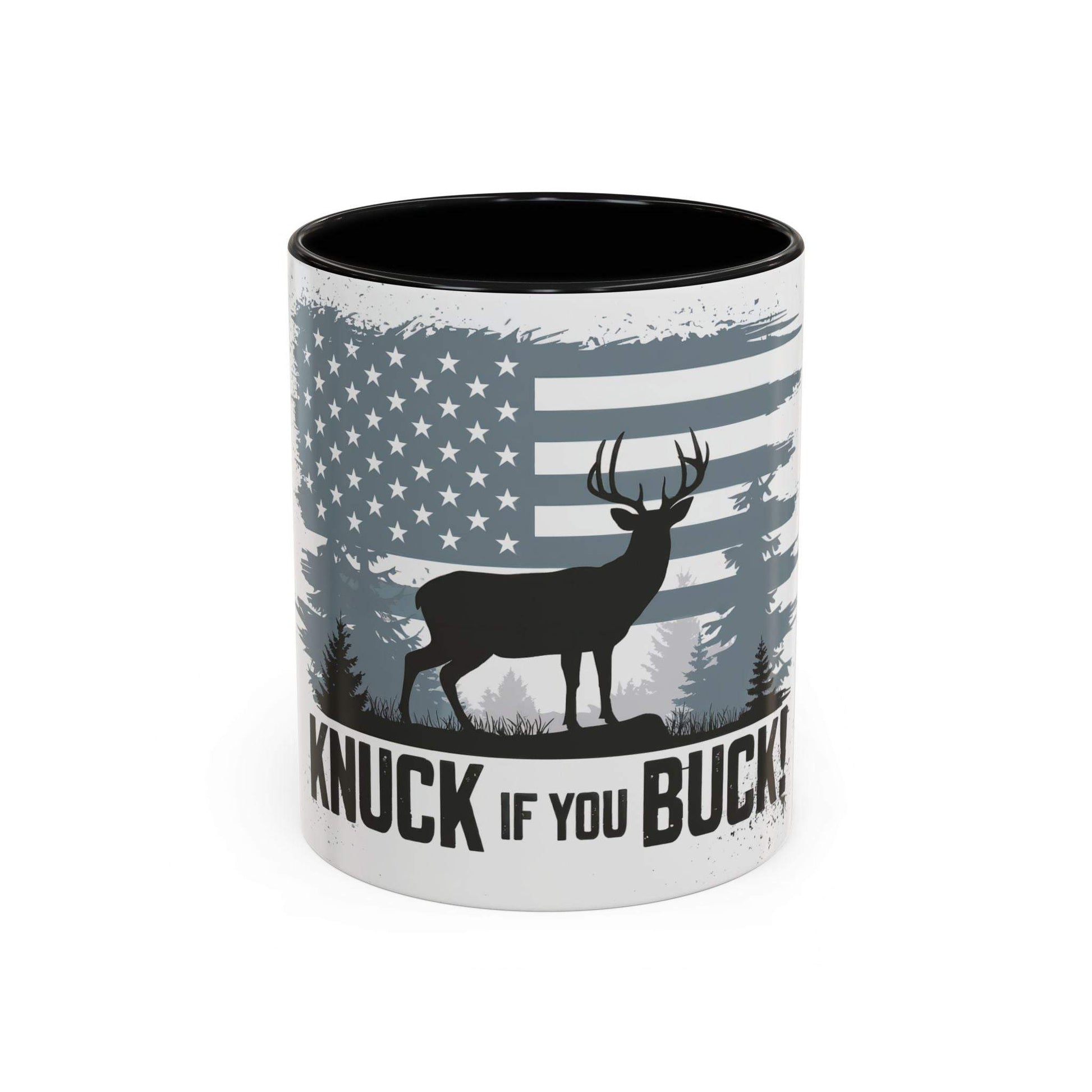 Hunting-themed coffee mug with American flag and buck design, "Knuck If You Buck" text.