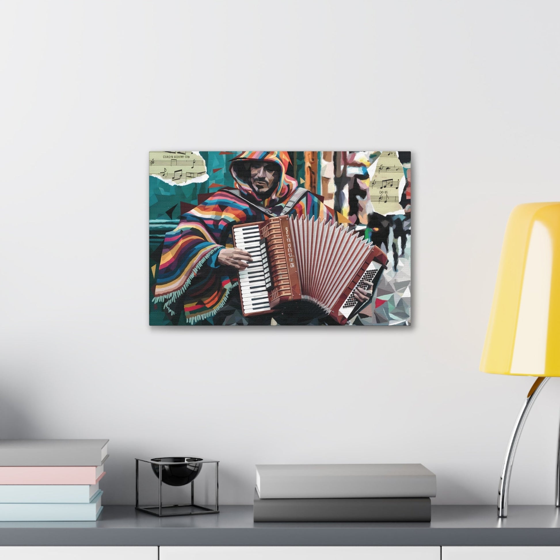 Vibrant accordion street performer art on canva gallery wrap, capturing dynamic musical expression.