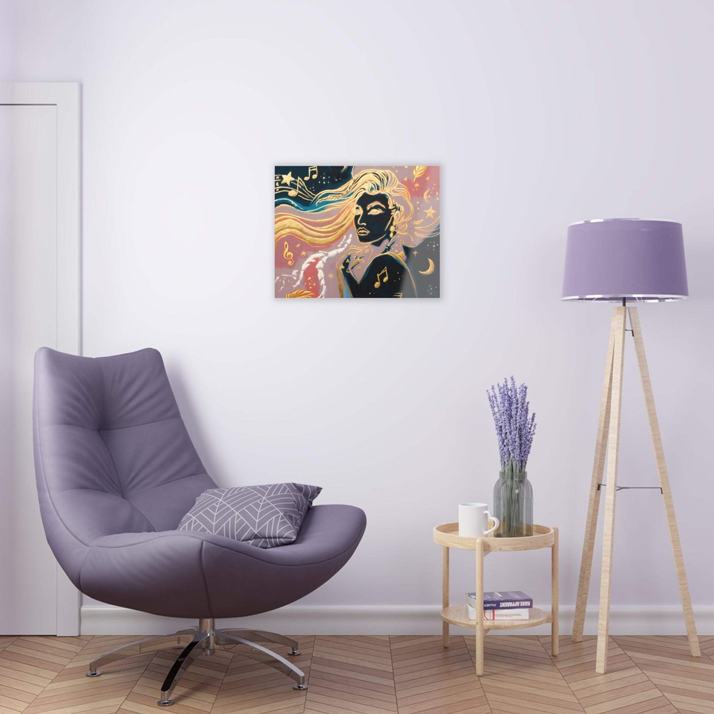 Abstract painting of a cosmic woman with flowing golden hair and musical notes, modern wall decor.