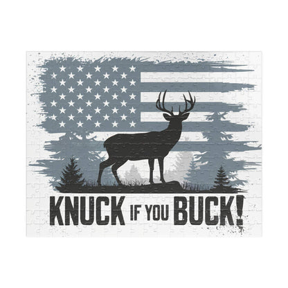 Hunting Themed Puzzle with "Knuck If You Buck" design featuring deer silhouette and American flag background.