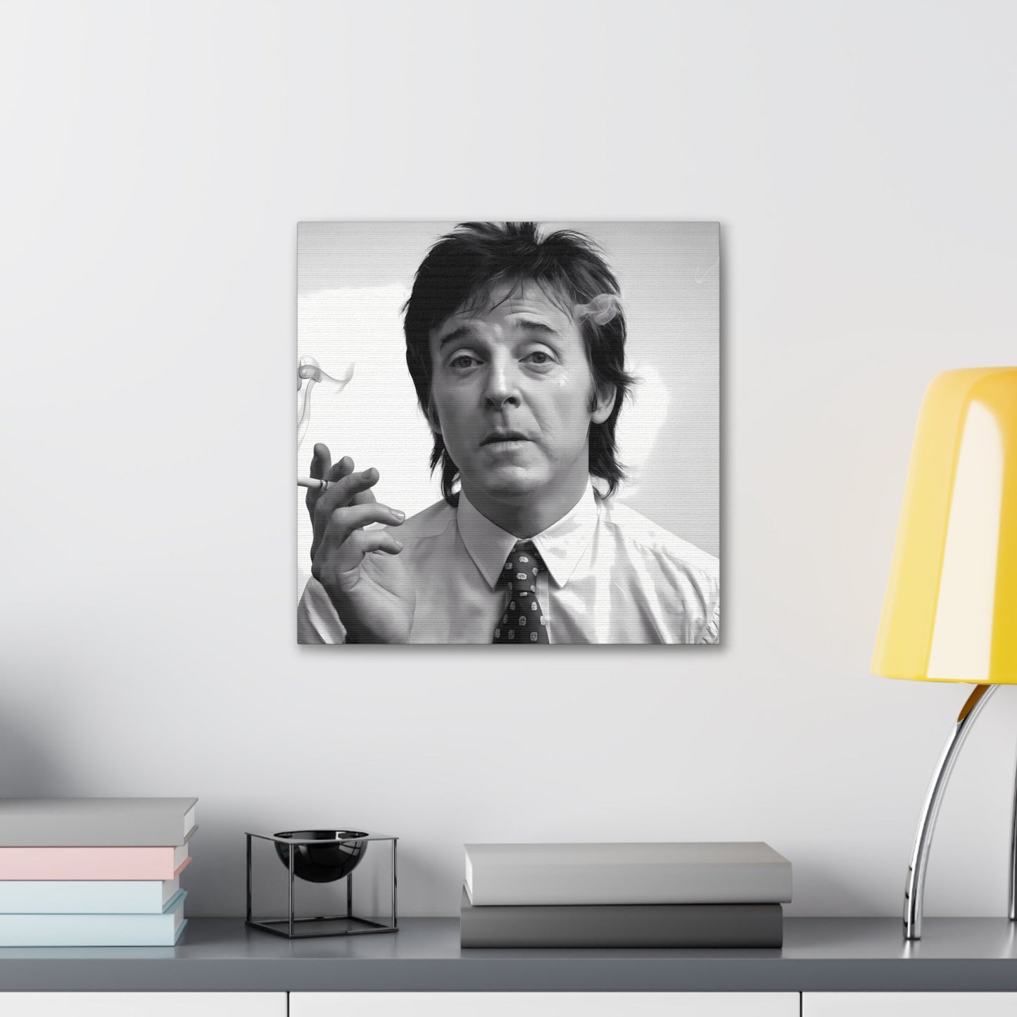 Black and white portrait of Paul McCartney with cigarette smoke, 1960s-inspired modern wall art.