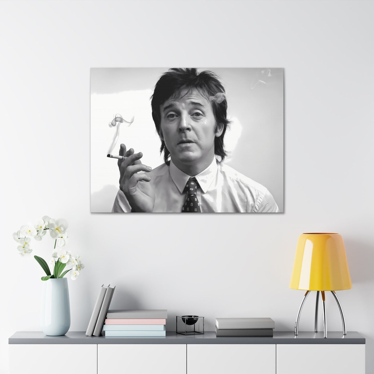 Paul McCartney black and white portrait with cigarette smoke, 1960s inspired decor, modern wall art.