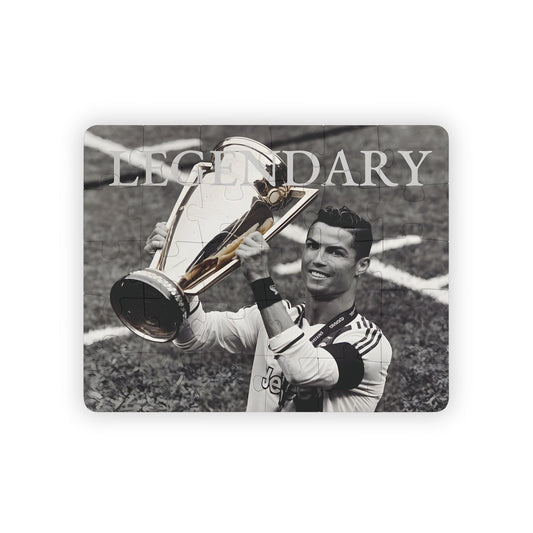 Cristiano Ronaldo Gift - Cristiano Ronaldo Games - Puzzle Set Gift Champion Trophy 30-piece kids puzzle with black and white image and colored uniform.