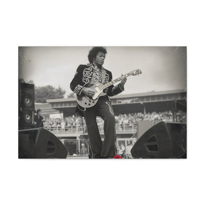 Vintage-Style Jimi HendrixVintage-Style Jimi Hendrix Performance Photo - Unique Black-and-White CanvasExperience the raw energy of Jimi Hendrix in this vintage-style black-and-white photo. This unique art print captures the iconic guitarist mid-performance, surrounde