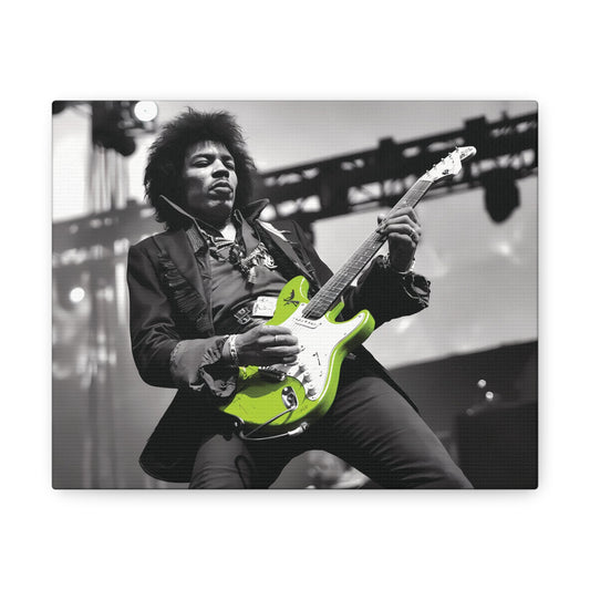 Monochrome Jimi Hendrix portrait with neon green guitar, rock legend wall art.