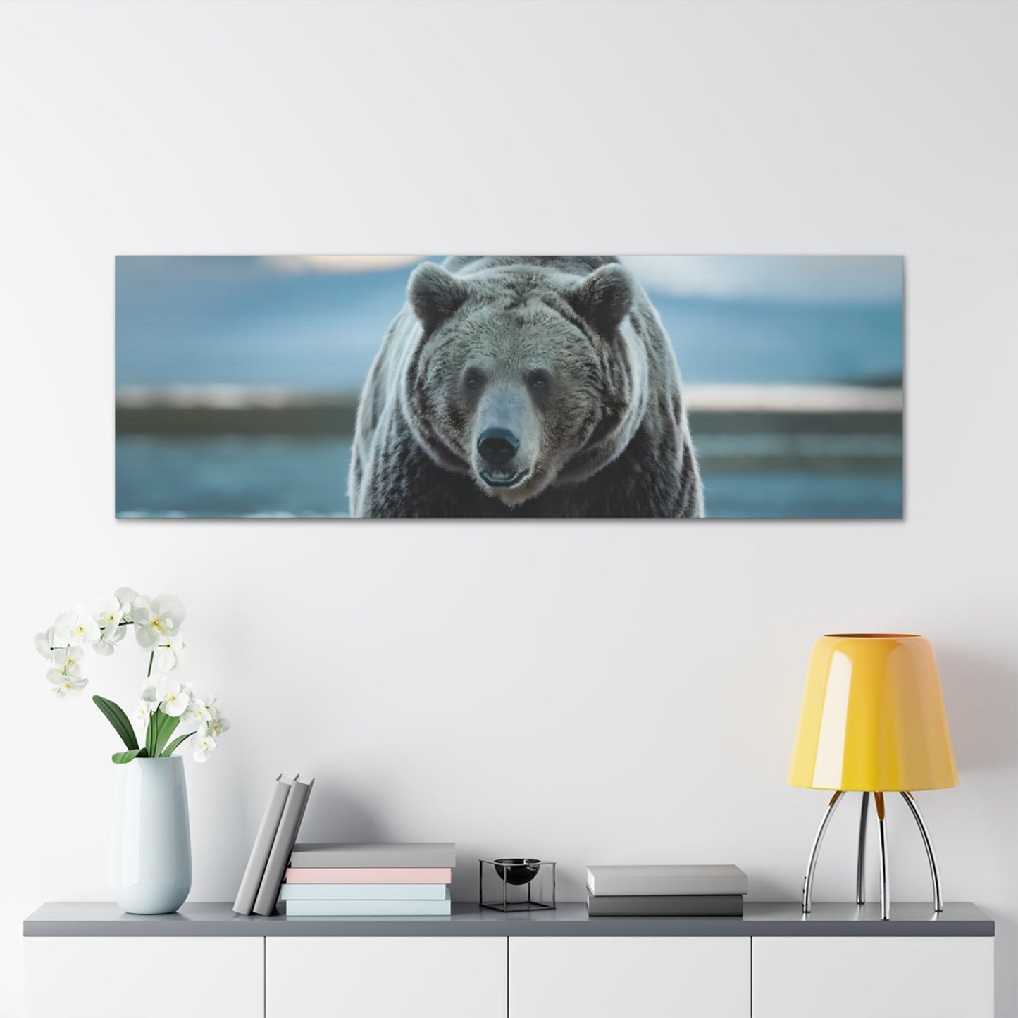 Majestic brown bear canvas wall art in wilderness setting, perfect for nature-inspired decor.