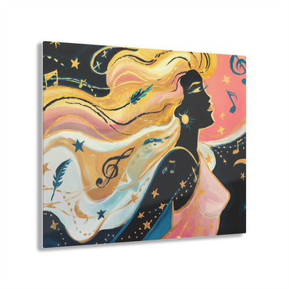 Serene woman with golden hair merges with starry night; celestial and musical motifs.