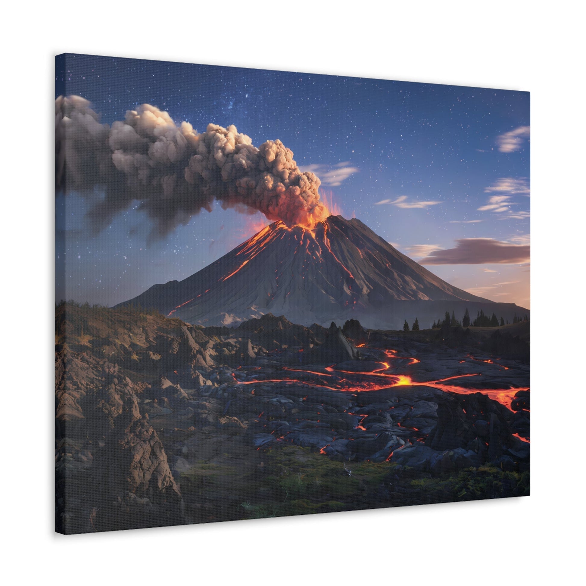 Dramatic volcano landscape canvas wall art featuring active volcano under starry night sky.