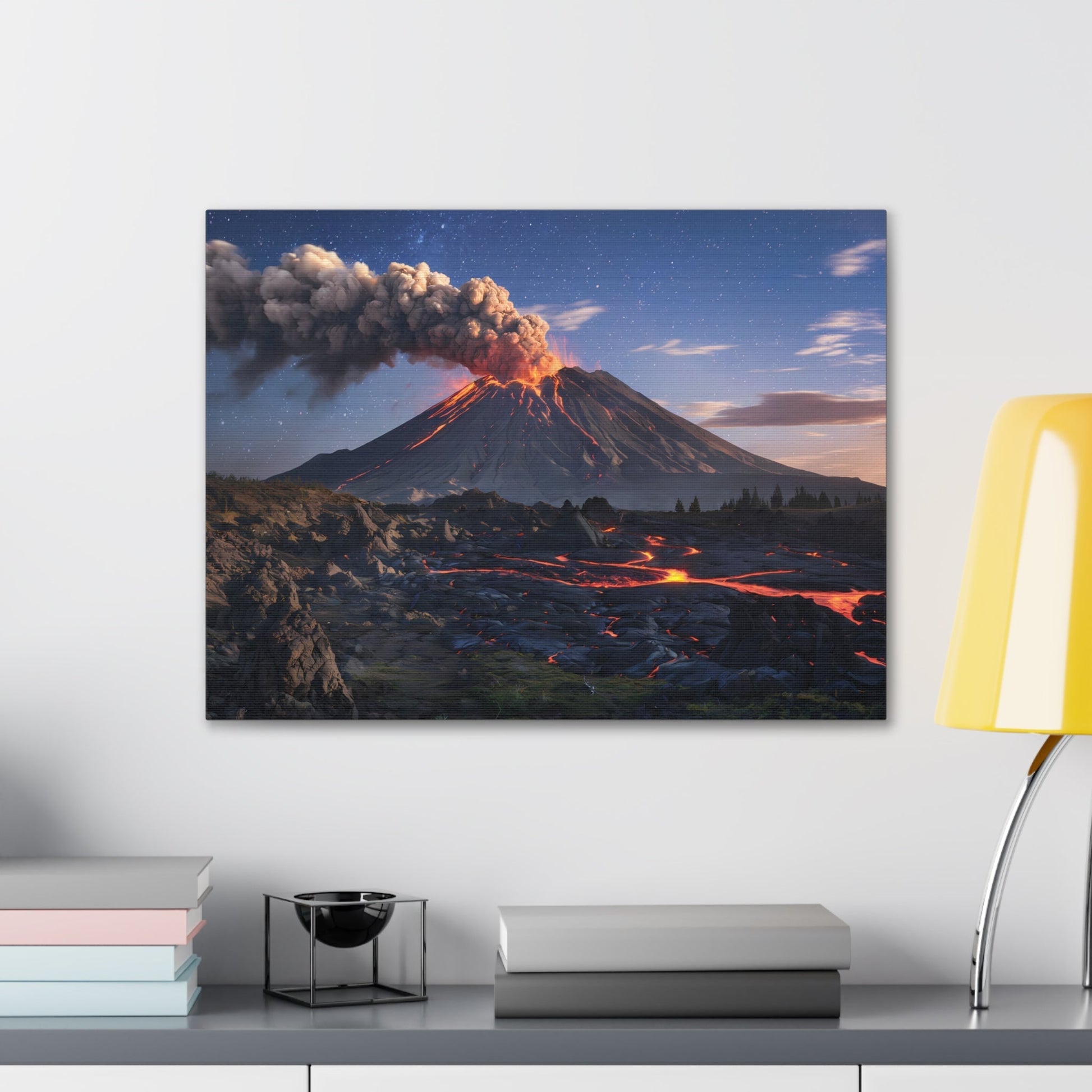 Dramatic volcano landscape canvas with glowing lava and starry night sky.