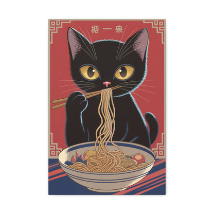 Kawaii black cat eating ramen wall art canvas for anime and cat lovers.