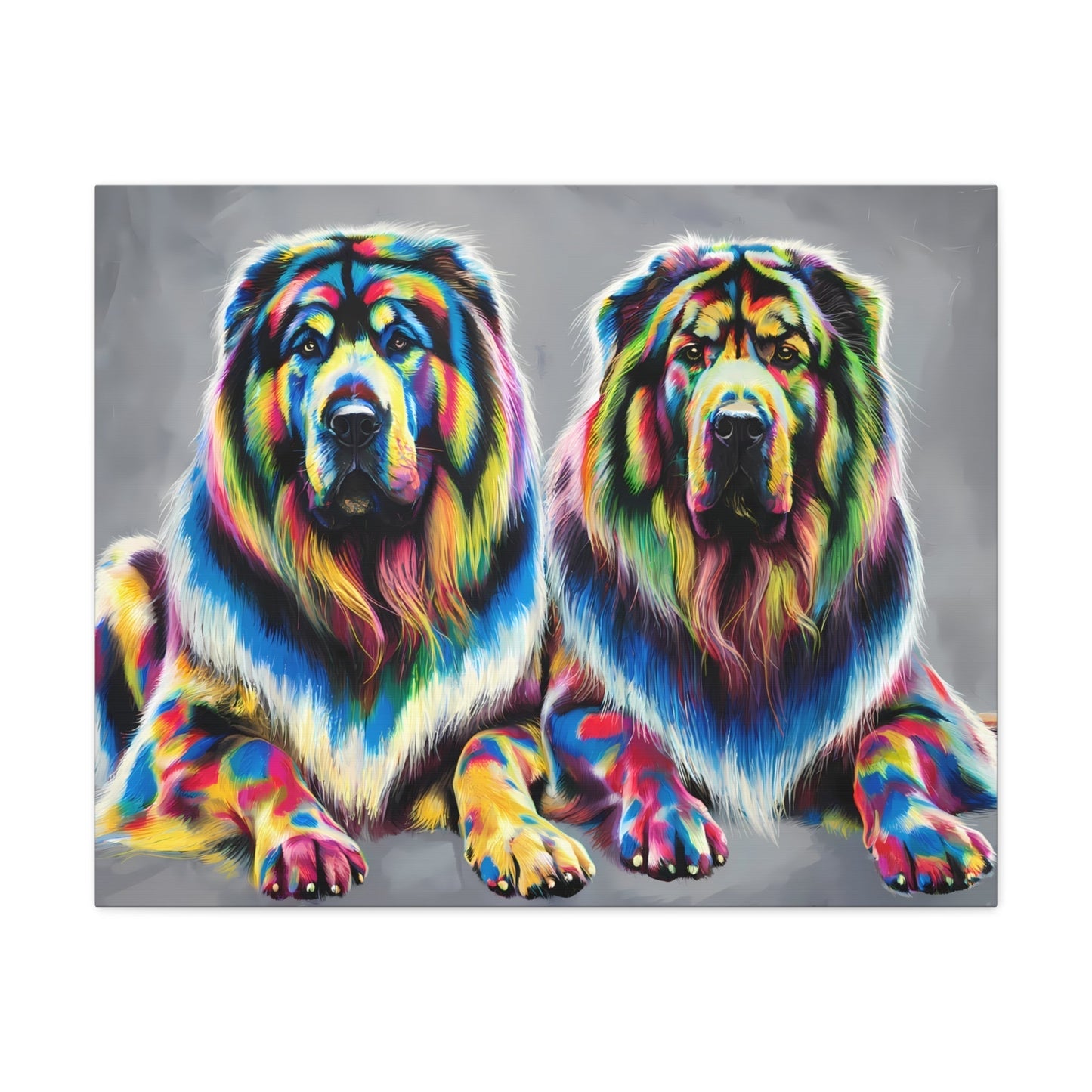 Vibrant rainbow Tibetan Mastiff canvas wall art showcasing colorful dog portraits.