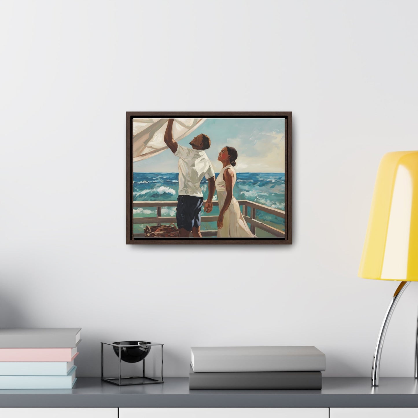 African American couple painting on a coastal-themed canvas, featuring a serene scene on a wooden deck, perfect for coastal living enthusiasts.