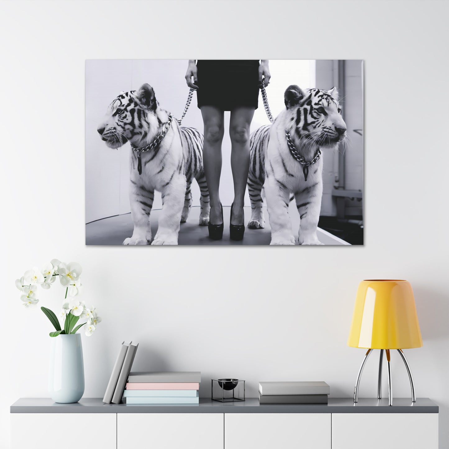 "Tiger Queen" Black & White Photo of Woman with White Tiger Cubs | Studio Art Photography | Modern Wall Art |Canvas Gallery Wraps