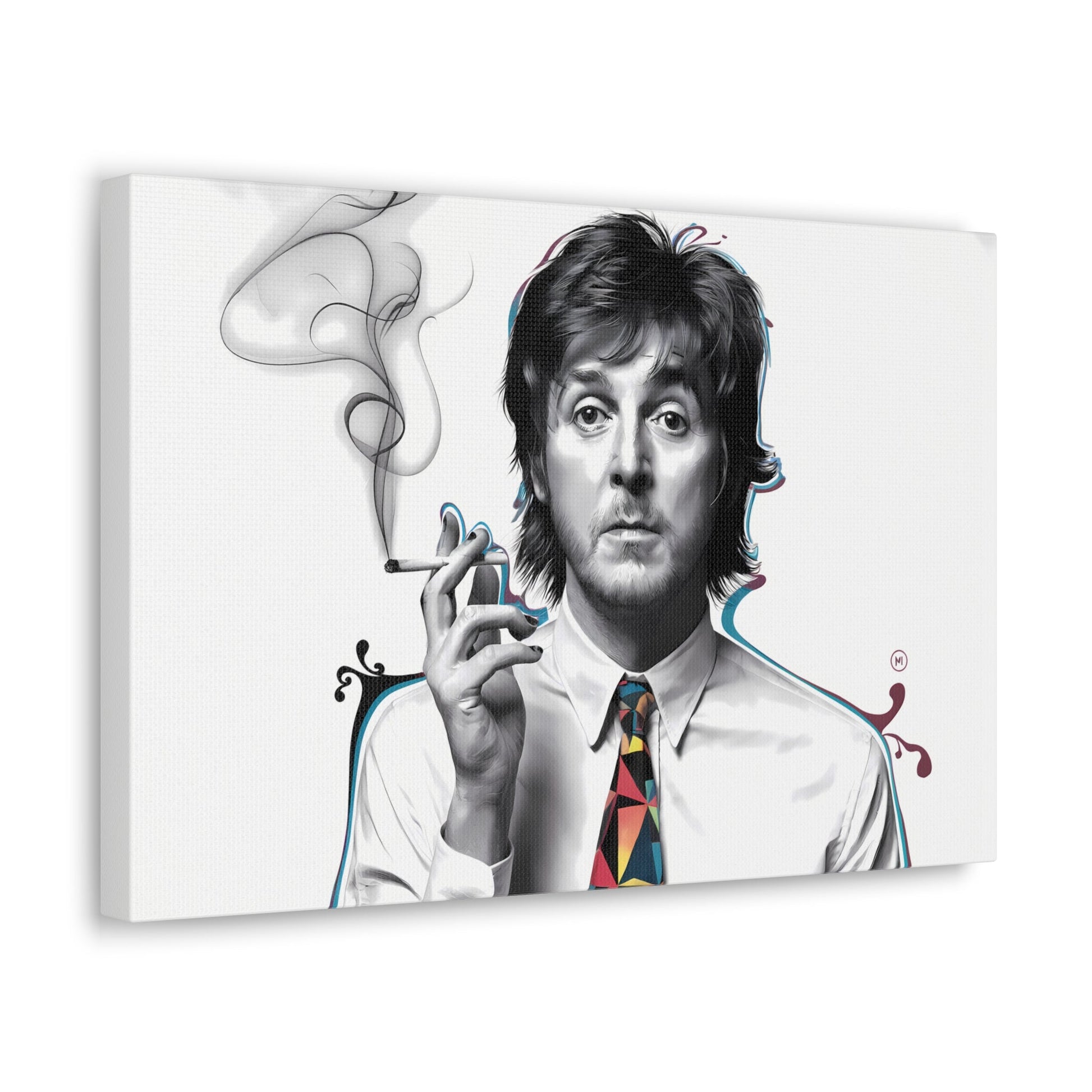 nullSurreal Paul McCartney Art | Dreamlike Portrait with Cigarette | Bold CanvasDiscover a surreal, dreamlike artwork of Paul McCartney smoking a cigarette, wearing a white shirt and bold geometric tie. Perfect for music and art lovers. Free shi