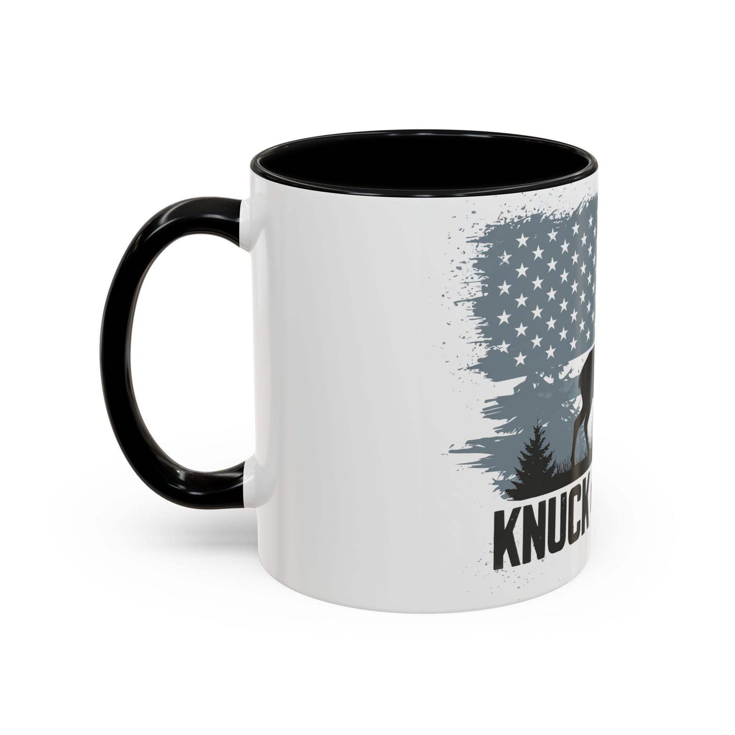 Hunting-themed ceramic coffee mug with American flag and buck design.