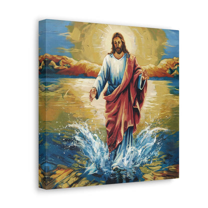 Jesus Christ Walking on Water painting, vibrant colors, canvas wall art, spiritual home decor.