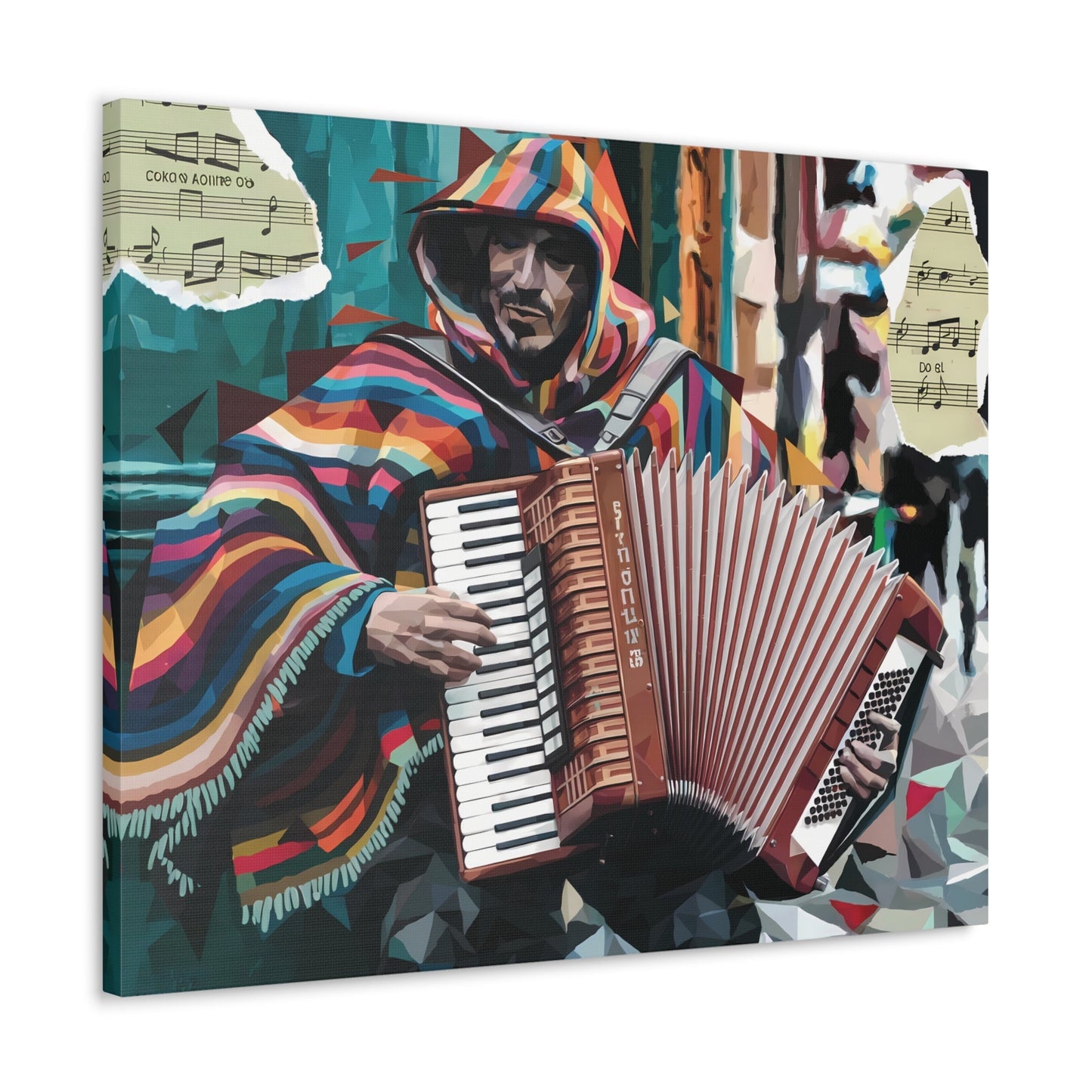 Vibrant accordion street performer art with multicolored strokes and teal background.