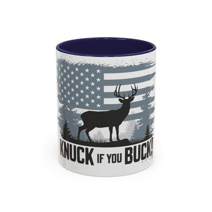 Hunting-themed coffee mug with buck silhouette and American flag design.