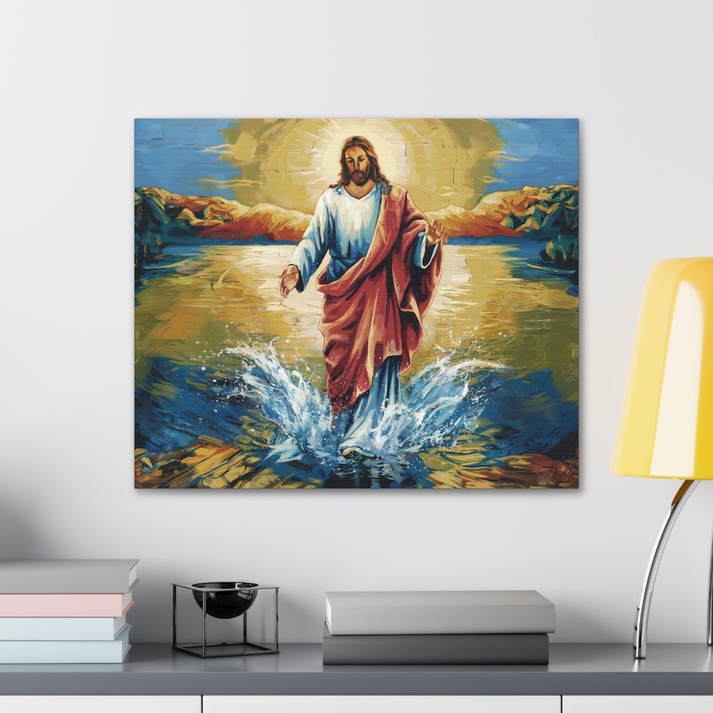 Jesus Christ Walking on Water Painting on wall, featuring divine radiance and vibrant colors.