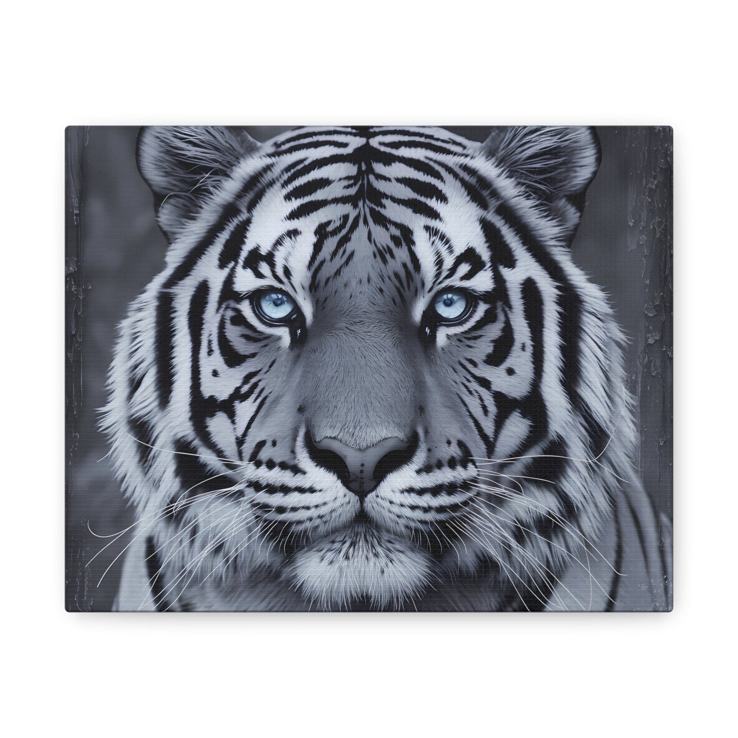 Monochromatic tiger art with blue eyes on canvas, photorealistic design, 8K resolution wall decor.