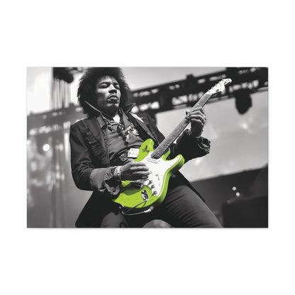 Monochrome portrait of guitarist with a neon green electric guitar on stage.