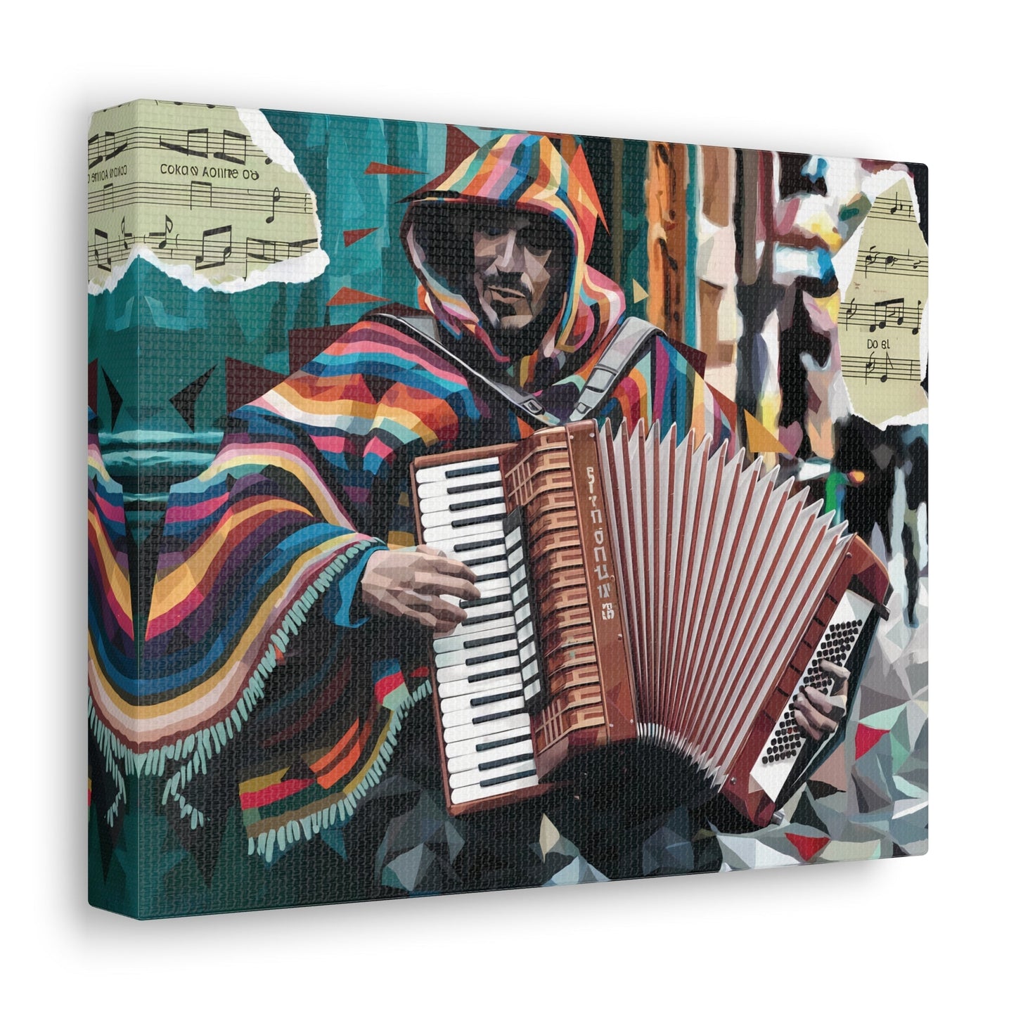 Vibrant accordion street performer art with multicolored poncho and torn sheet music.