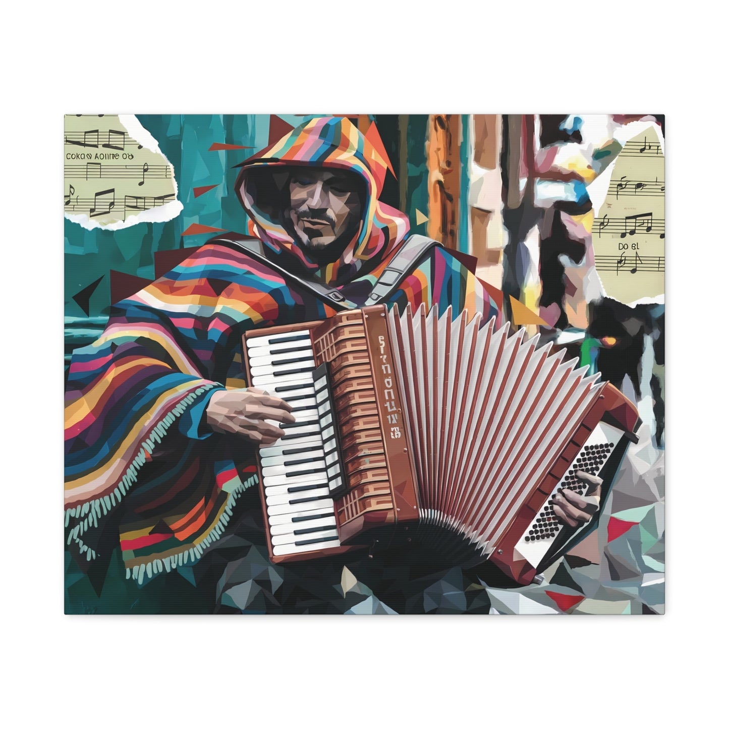 Vibrant accordion player street art on canvas with colorful poncho and musical motifs.