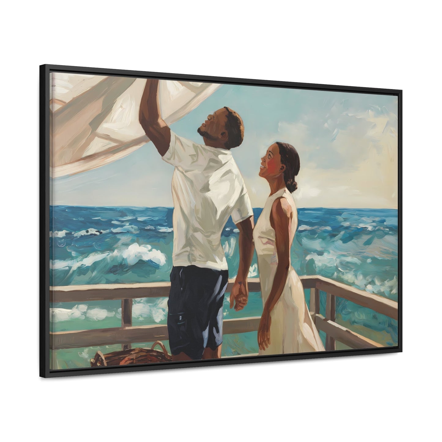 African American Couple Painting: Serene Coastal Gallery Canvas Wrap - Perfect Gift for Coastal Living Lovers