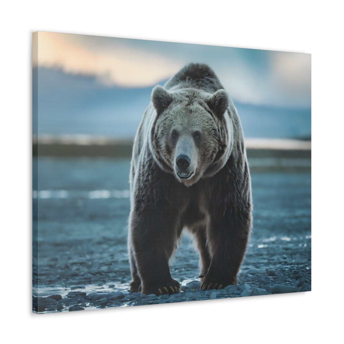 Majestic brown bear canvas wall art in wilderness setting, perfect nature-inspired decor.