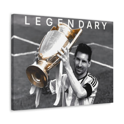 Lionel Messi Poster Vintage Glory Championship Canvas Wall Art with 8K black and white image and color pop, featuring Messi holding a gold trophy.