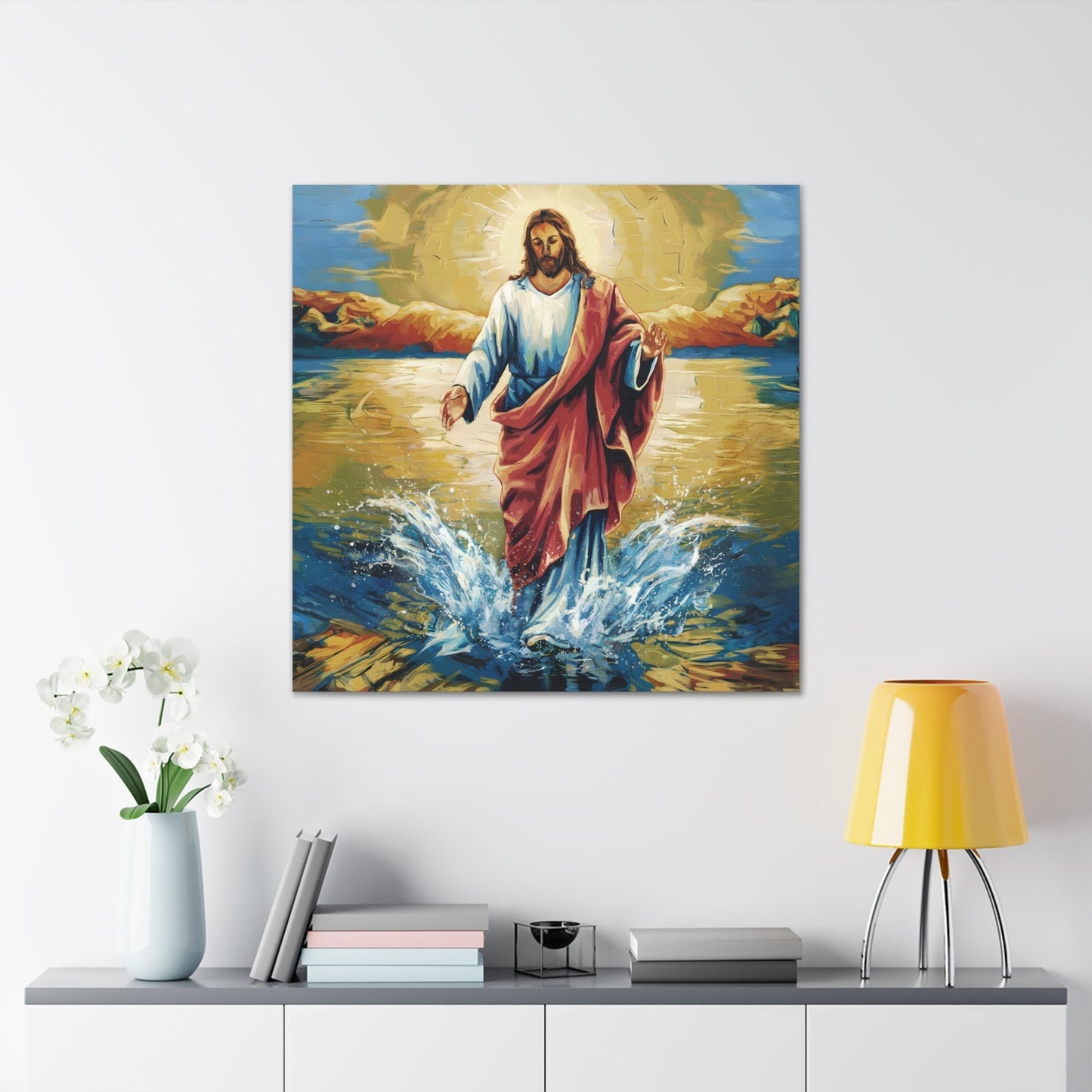 Painting of Jesus Christ walking on water with radiant light; faith-inspired wall art.