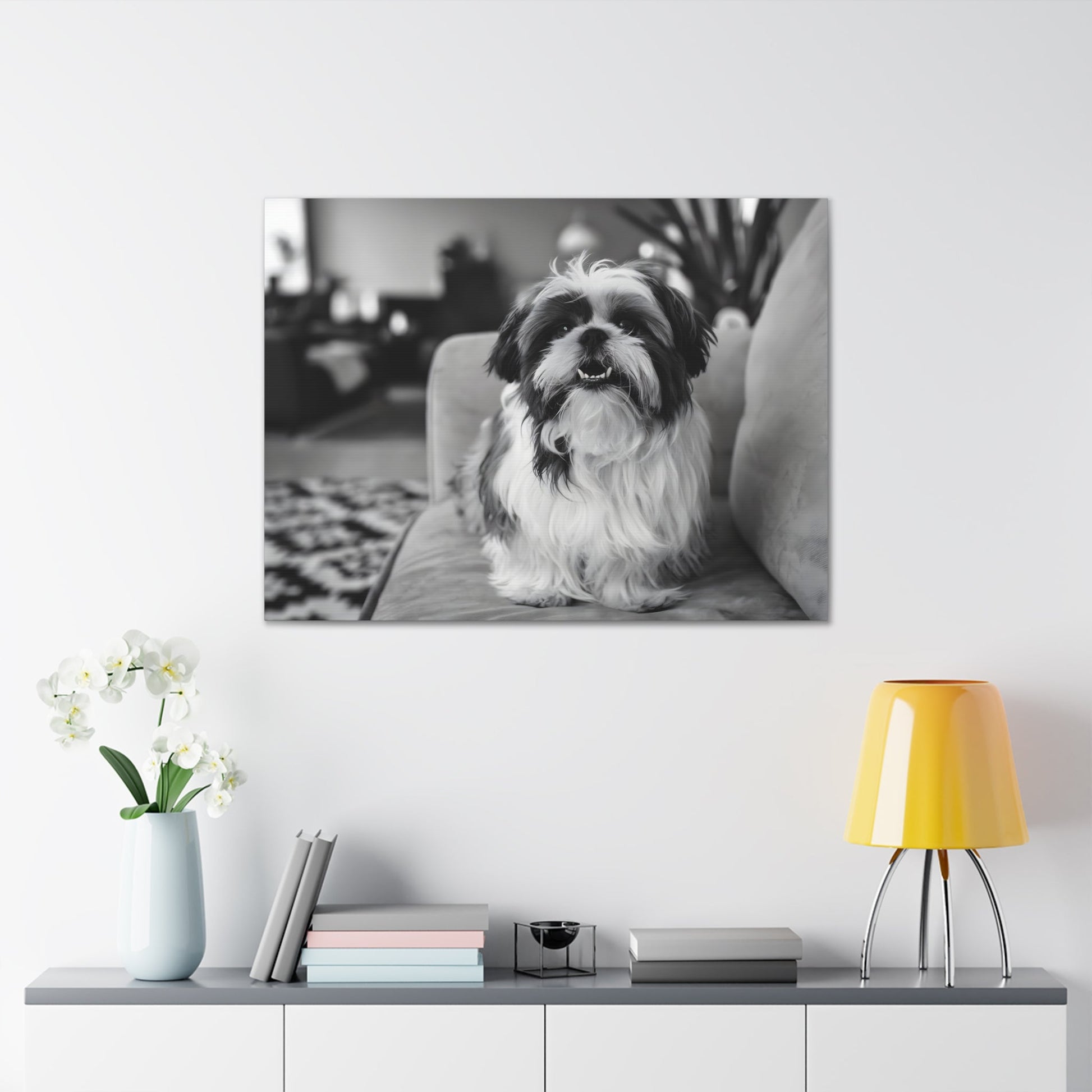 "Curly-Sue" The Shih Tzu"Curly-Sue" The Shih Tzu Art Print | Black & White Color Splash | MonoCanvas"Curly-Sue Shih Tzu Art Print | Black &amp; White Color Splash | Monochromatic Living Room Decor 
Discover a striking black-and-white art print of Curly-Sue, a Shih 