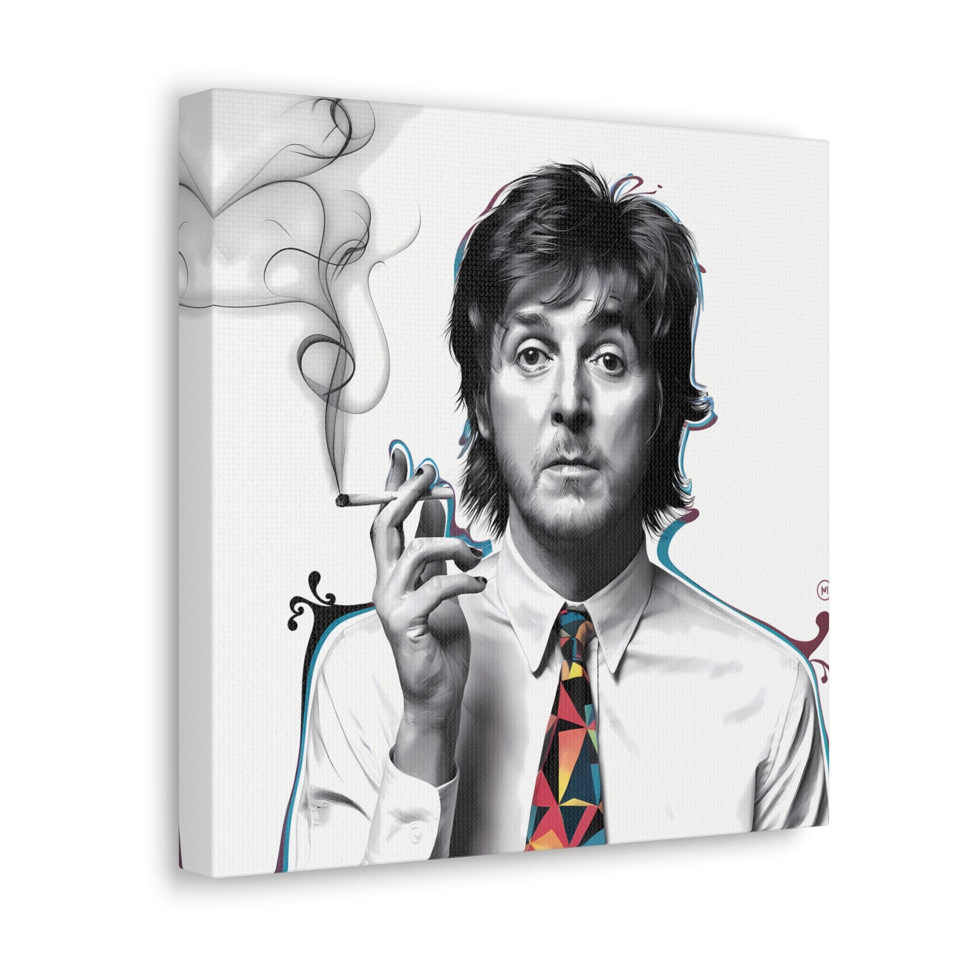 nullSurreal Paul McCartney Art | Dreamlike Portrait with Cigarette | Bold CanvasDiscover a surreal, dreamlike artwork of Paul McCartney smoking a cigarette, wearing a white shirt and bold geometric tie. Perfect for music and art lovers. Free shi