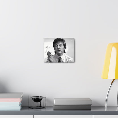 Paul McCartney black and white portrait with cigarette smoke, 1960s inspired wall art.