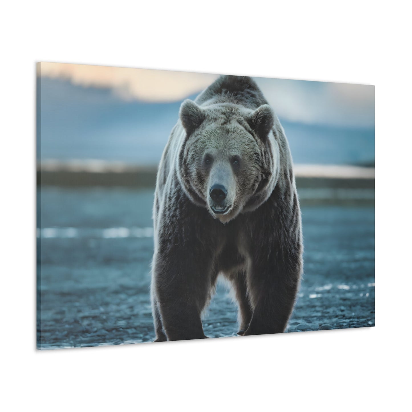 Canvas wall art featuring a majestic brown bear in the wilderness with mountains in the background.