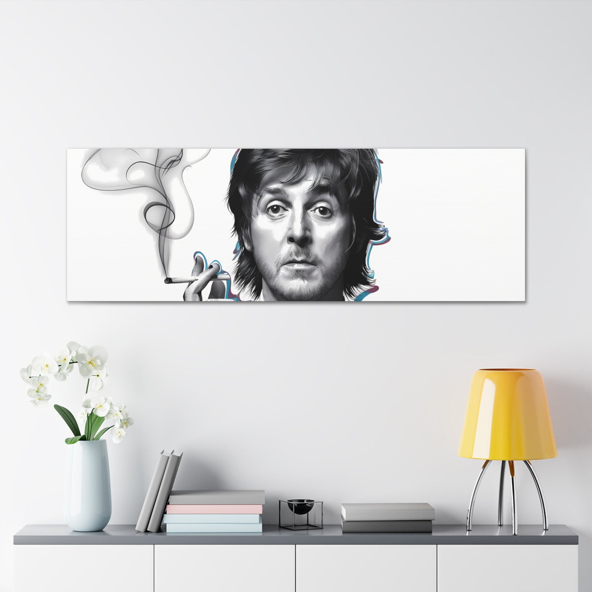 Surrealist Paul McCartney art with cigarette and geometric tie, canvas gallery wrap.