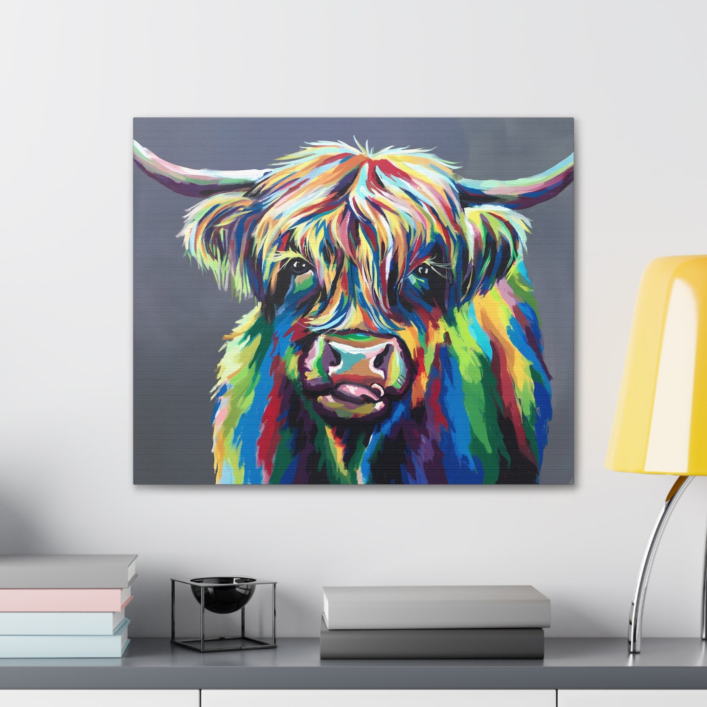 Vibrant Rainbow Highland Cow Canvas Print - "MooPhi The Cow" Colorful Scottish Wall Art