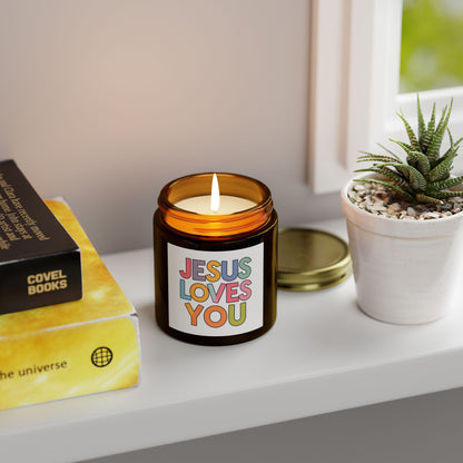 "JESUS LOVES YOU""JESUS LOVES YOU" Inspirational Christian Scented Candles, Coconut AprHome DecorIlluminate your space with the warm glow and comforting fragrance of our "JESUS LOVES YOU" scented candles. Handcrafted with premium coconut apricot wax, these candl