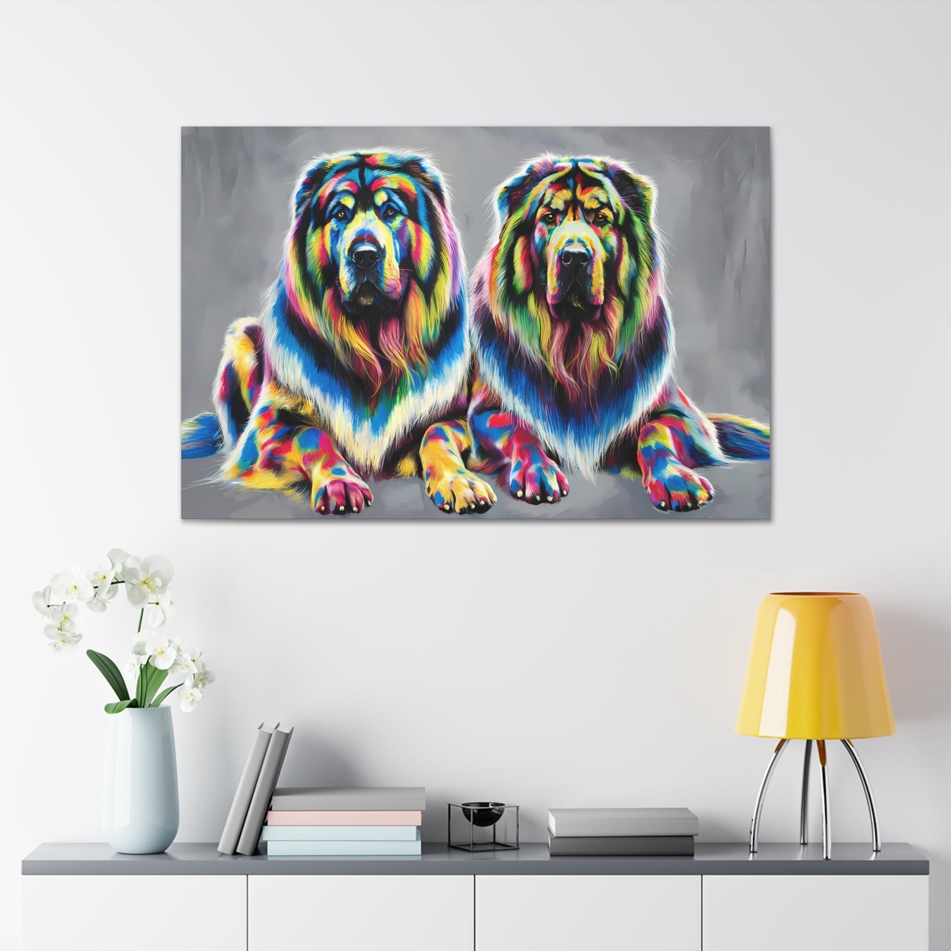 Vibrant rainbow Tibetan Mastiff canvas art on modern wall.