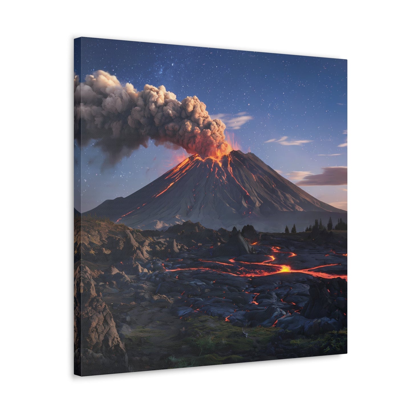 Dramatic volcano landscape canvas with glowing lava under a starry night sky.