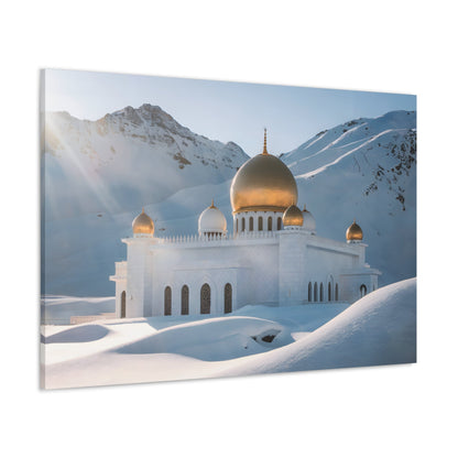 Ethereal Sanctuary: Majestic White Mosque with Golden Domes - Landscape Photography Art Arab