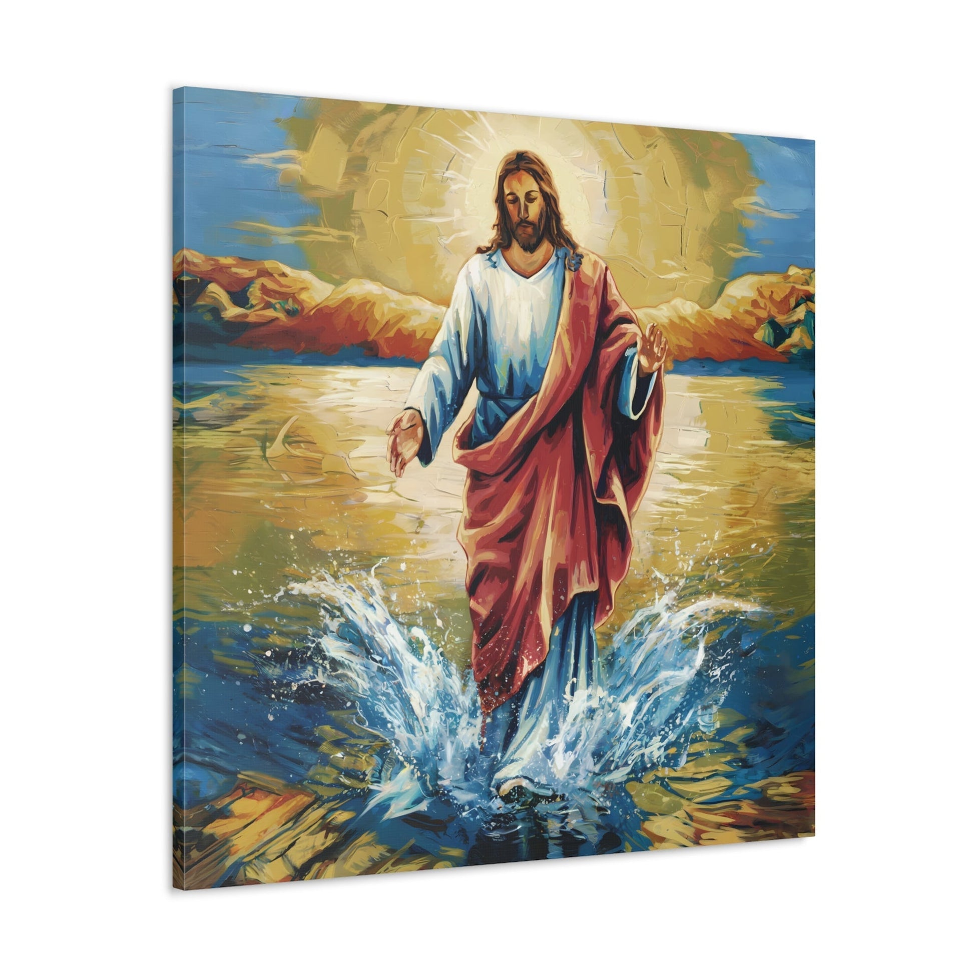 Jesus Christ walking on water painting with vibrant colors and serene lake backdrop.