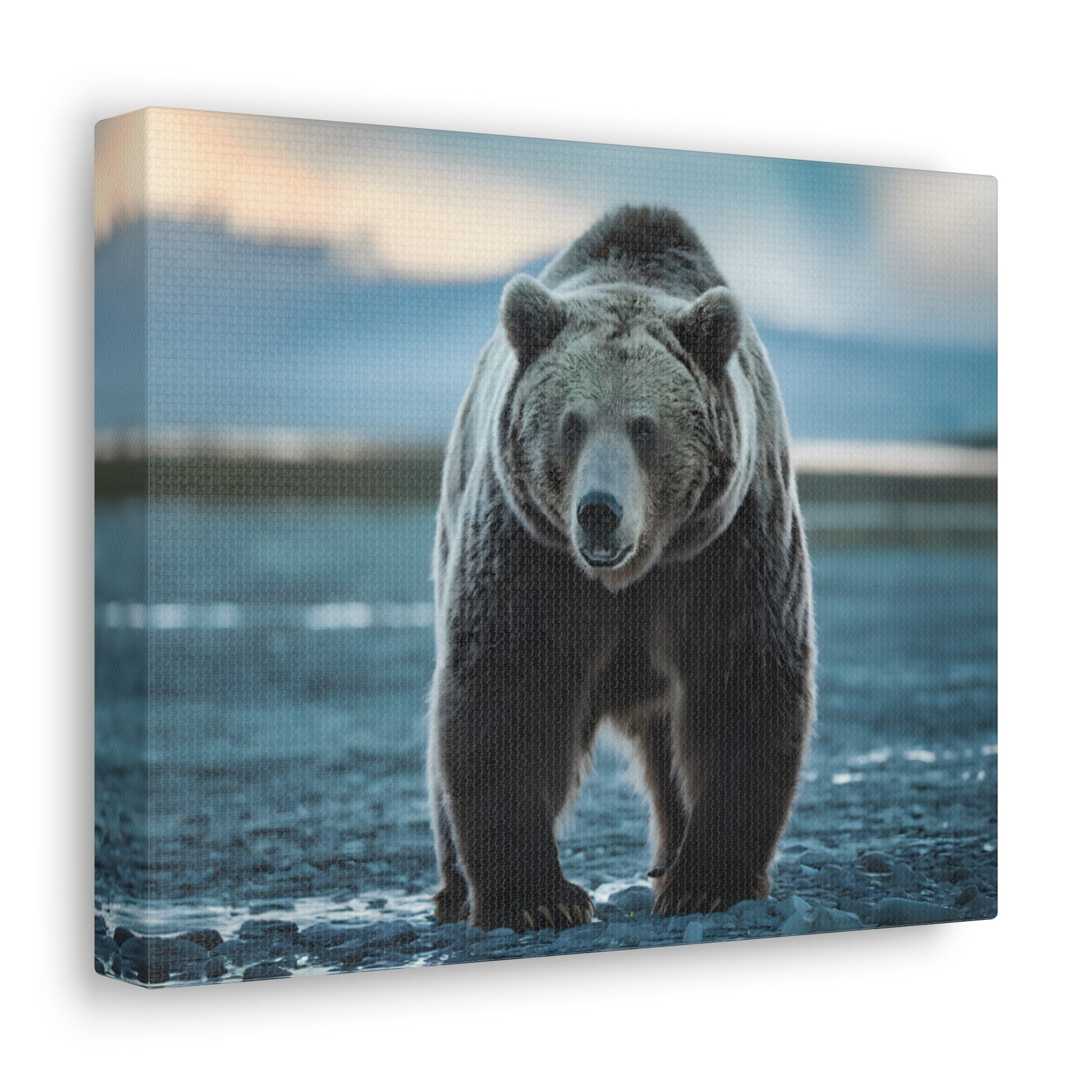 Majestic brown bear canvas wall art in wilderness setting, perfect for home decor or cabin.