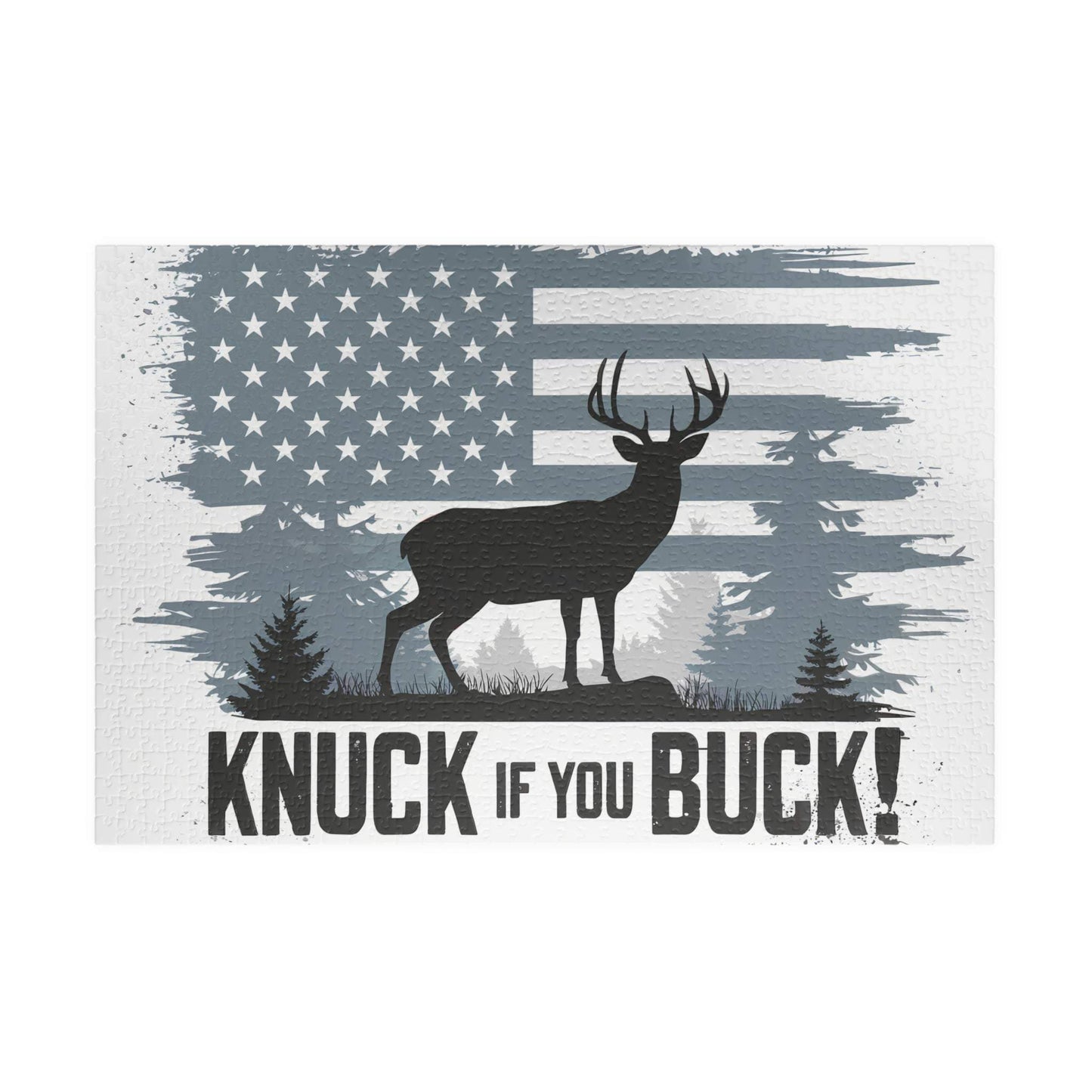 Hunting themed puzzle "Knuck If You Buck" design with deer silhouette and American flag background.