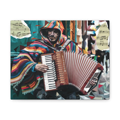 Vibrant street art canvas showcasing an accordion-playing musical street performer, featuring colorful fragmented design and torn sheet music elements.