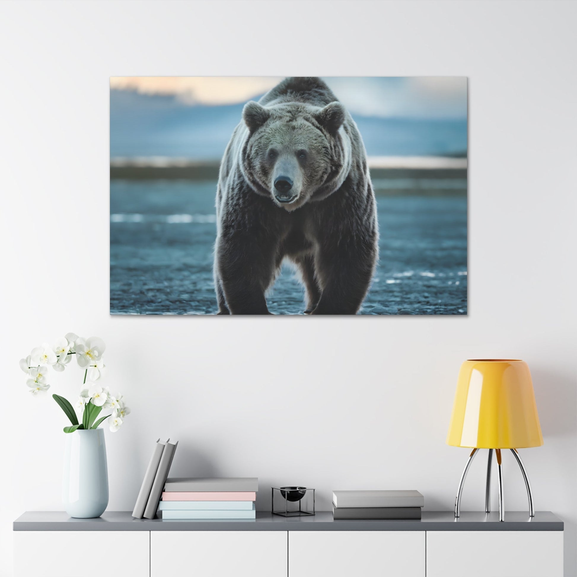 Majestic brown bear canvas wall art in wilderness setting; ideal for nature-themed decor.